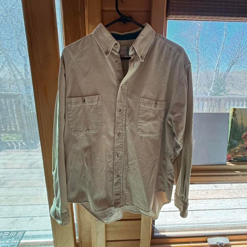 River Trader cream button up shirt with corded pattern.